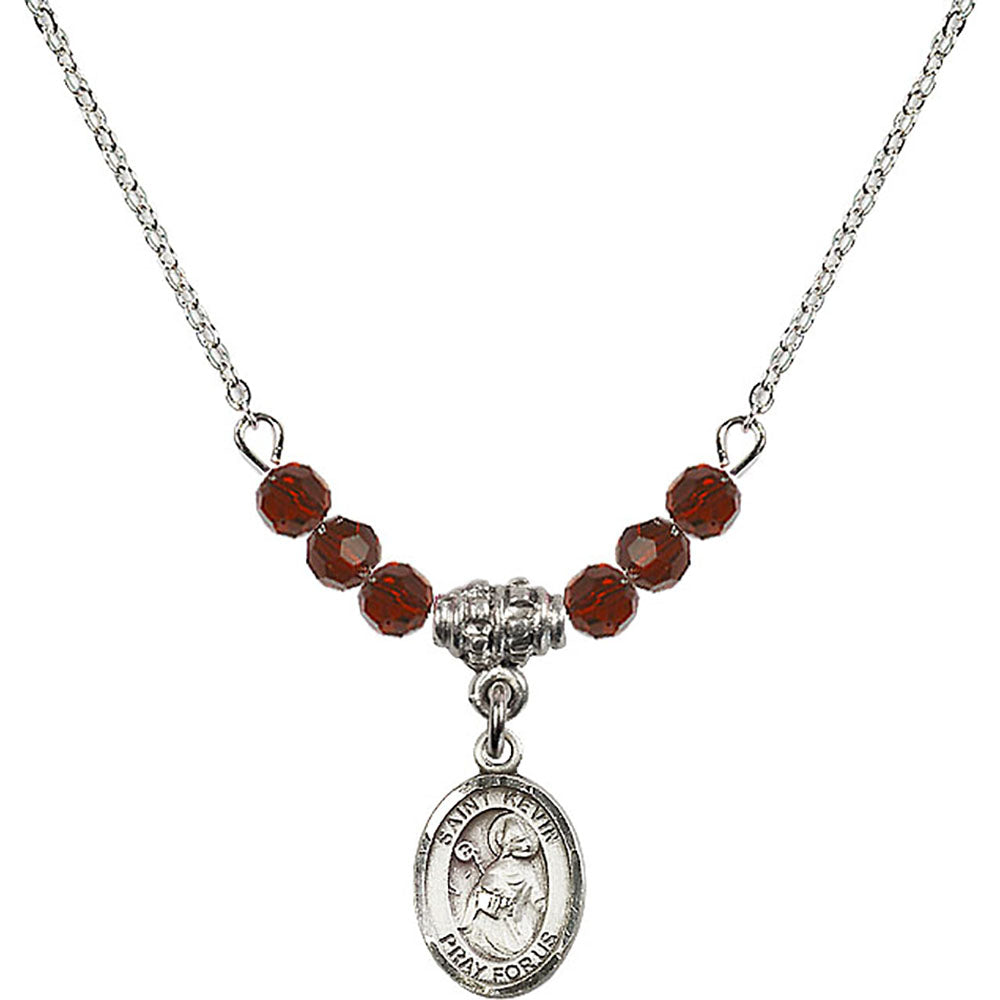 Sterling Silver Saint Kevin Birthstone Necklace with Garnet Beads - 9062