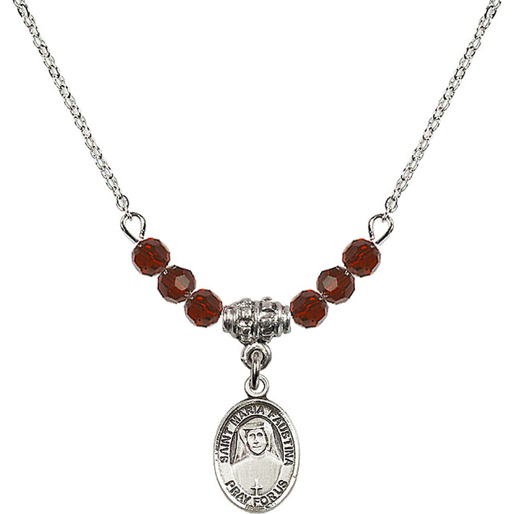 Sterling Silver Saint Maria Faustina Birthstone Necklace with Garnet Beads - 9069