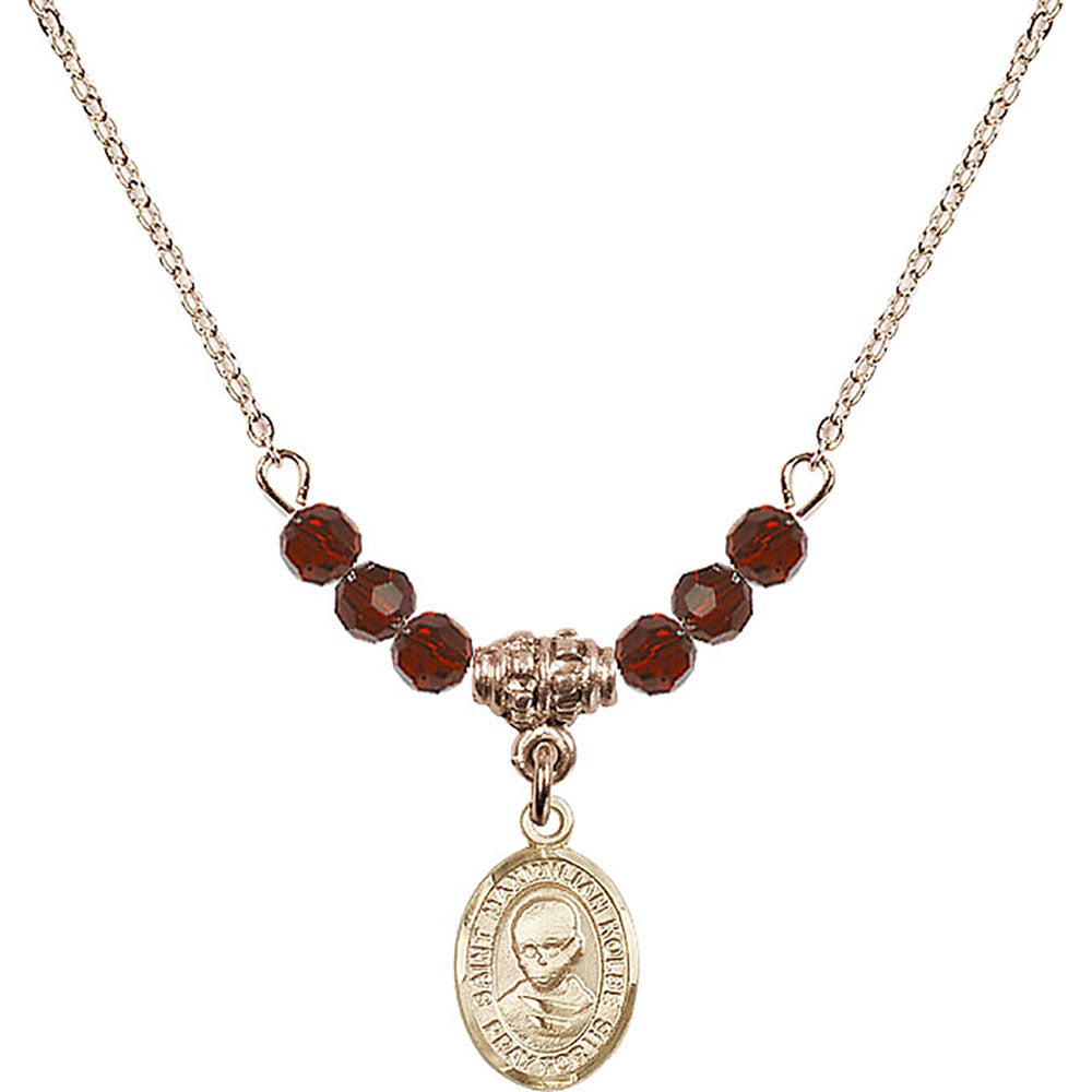 14kt Gold Filled Saint Maximilian Kolbe Birthstone Necklace with Garnet Beads - 9073