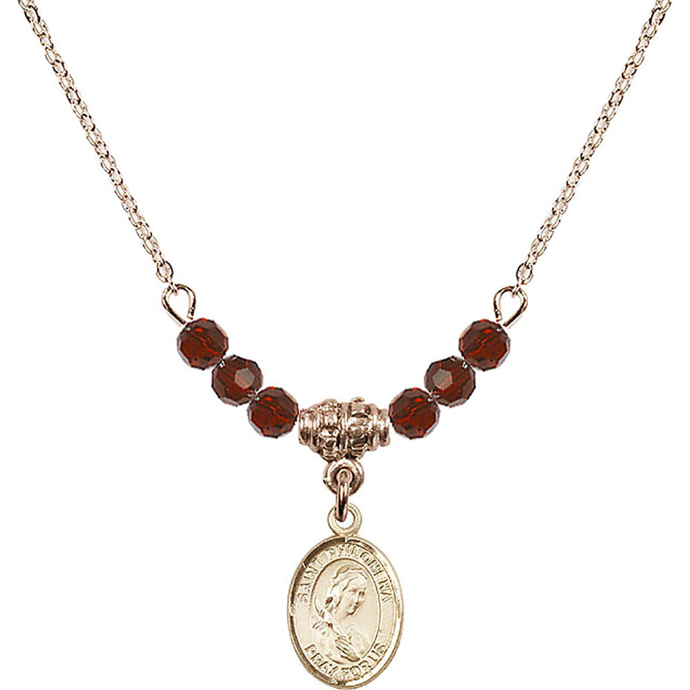 14kt Gold Filled Saint Philomena Birthstone Necklace with Garnet Beads - 9077