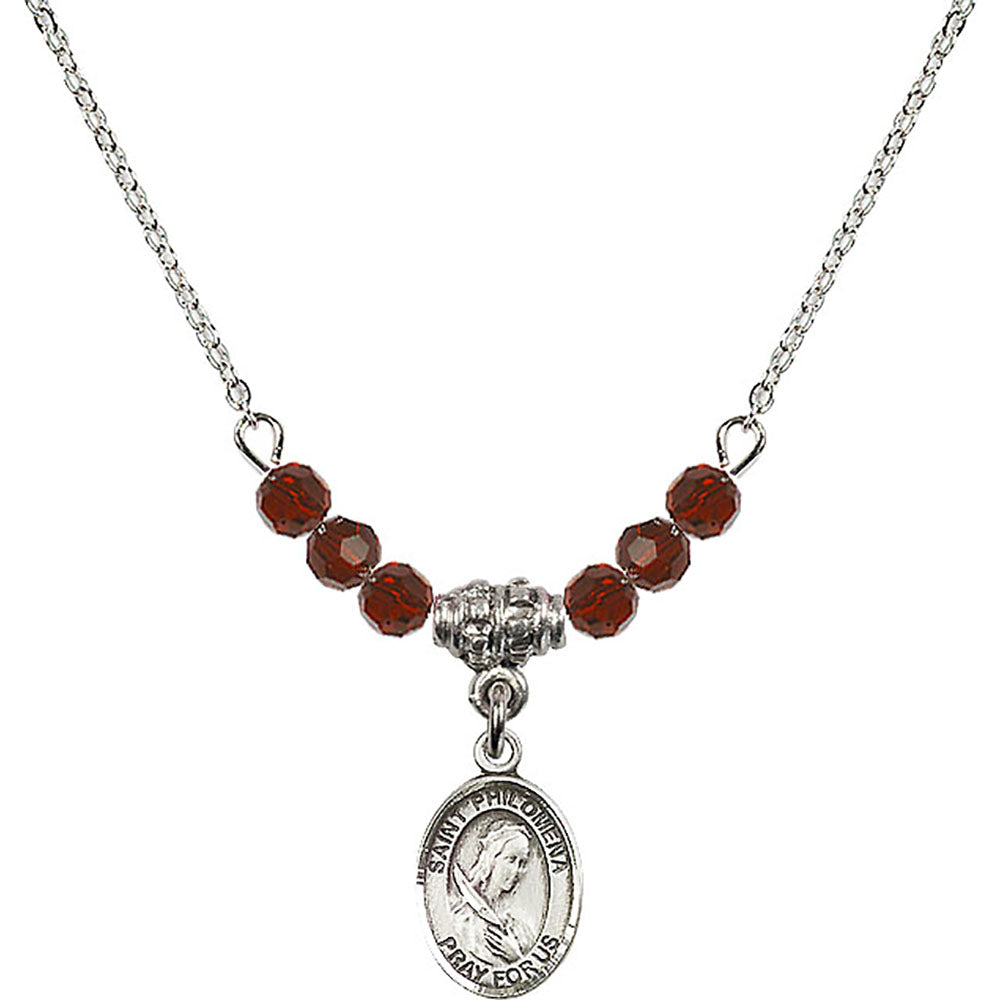 Sterling Silver Saint Philomena Birthstone Necklace with Garnet Beads - 9077