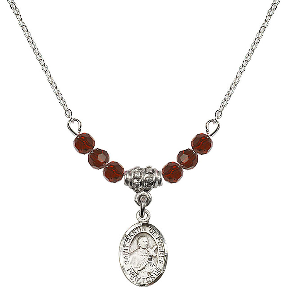 Sterling Silver Saint Martin de Porres Birthstone Necklace with Garnet Beads - 9089