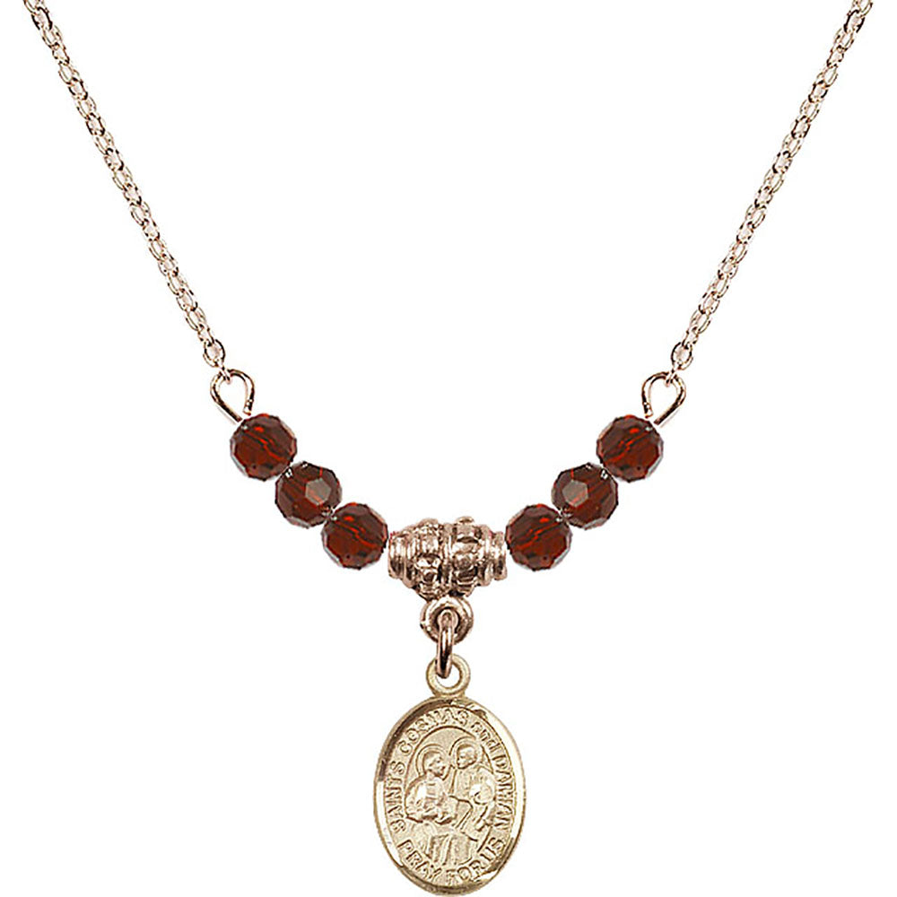 14kt Gold Filled Saints Cosmas & Damian Birthstone Necklace with Garnet Beads - 9132
