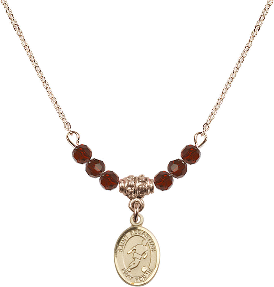 14kt Gold Filled Saint Sebastian/Soccer Birthstone Necklace with Garnet Beads - 9164