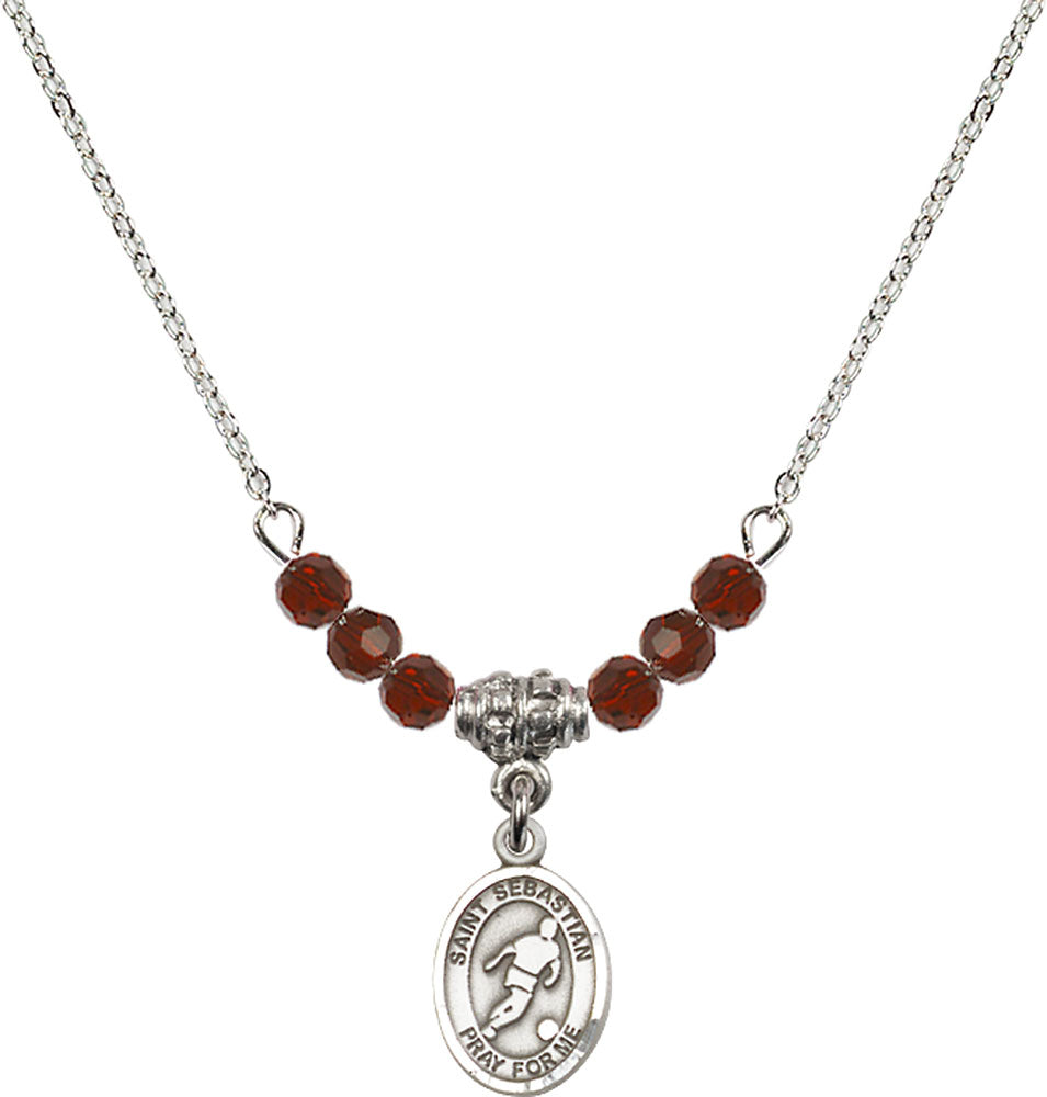 Sterling Silver Saint Sebastian/Soccer Birthstone Necklace with Garnet Beads - 9164