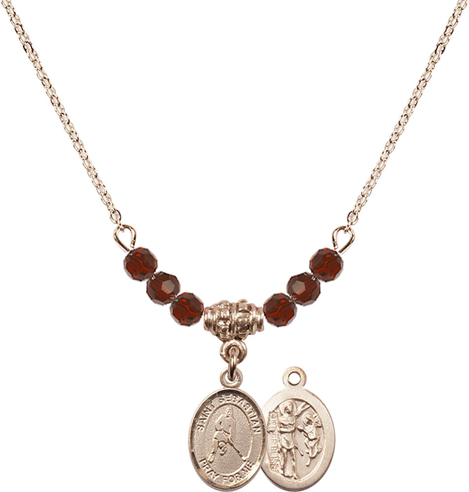 14kt Gold Filled Saint Sebastian/Ice Hockey Birthstone Necklace with Garnet Beads - 9165