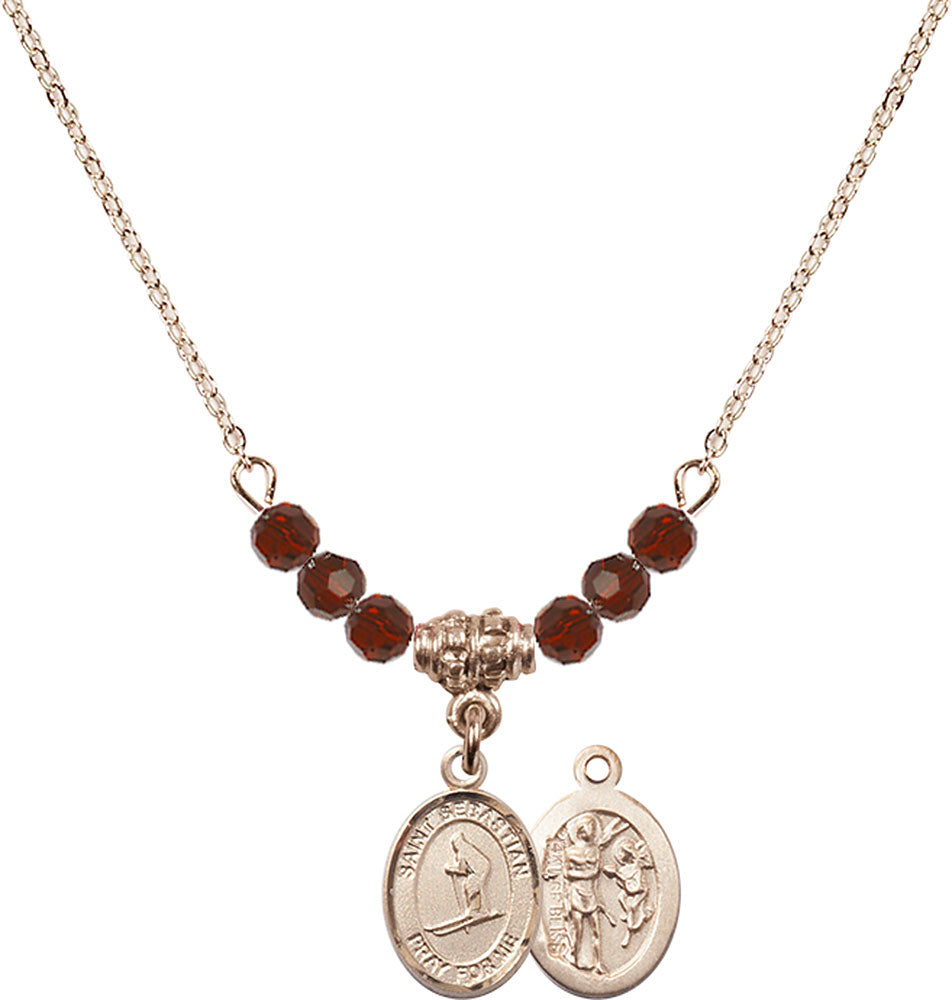 14kt Gold Filled Saint Sebastian/Skiing Birthstone Necklace with Garnet Beads - 9169
