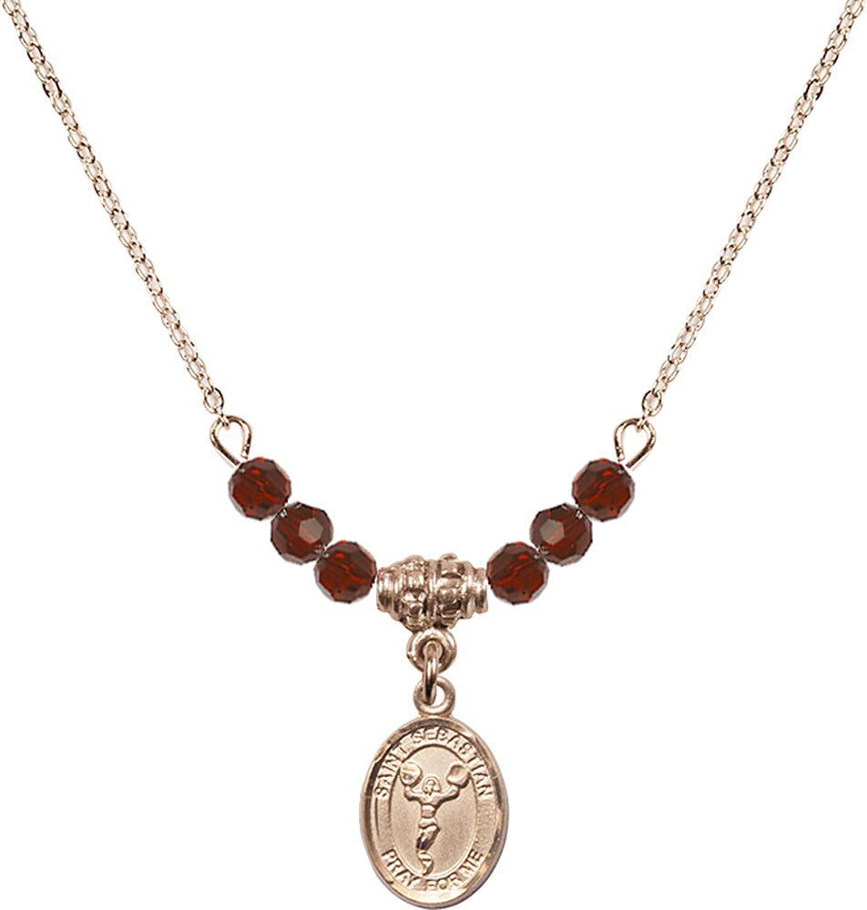14kt Gold Filled Saint Sebastian/Cheerleading Birthstone Necklace with Garnet Beads - 9170