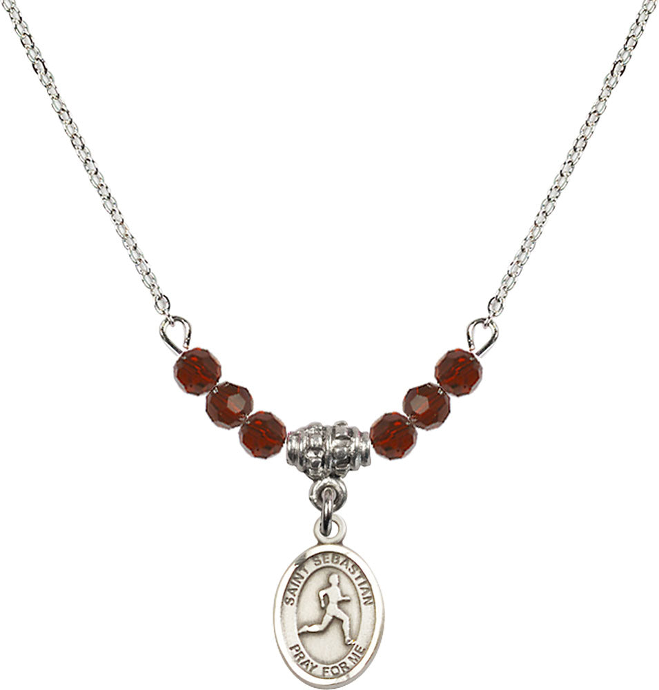 Sterling Silver Saint Sebastian/Track & Field Birthstone Necklace with Garnet Beads - 9176
