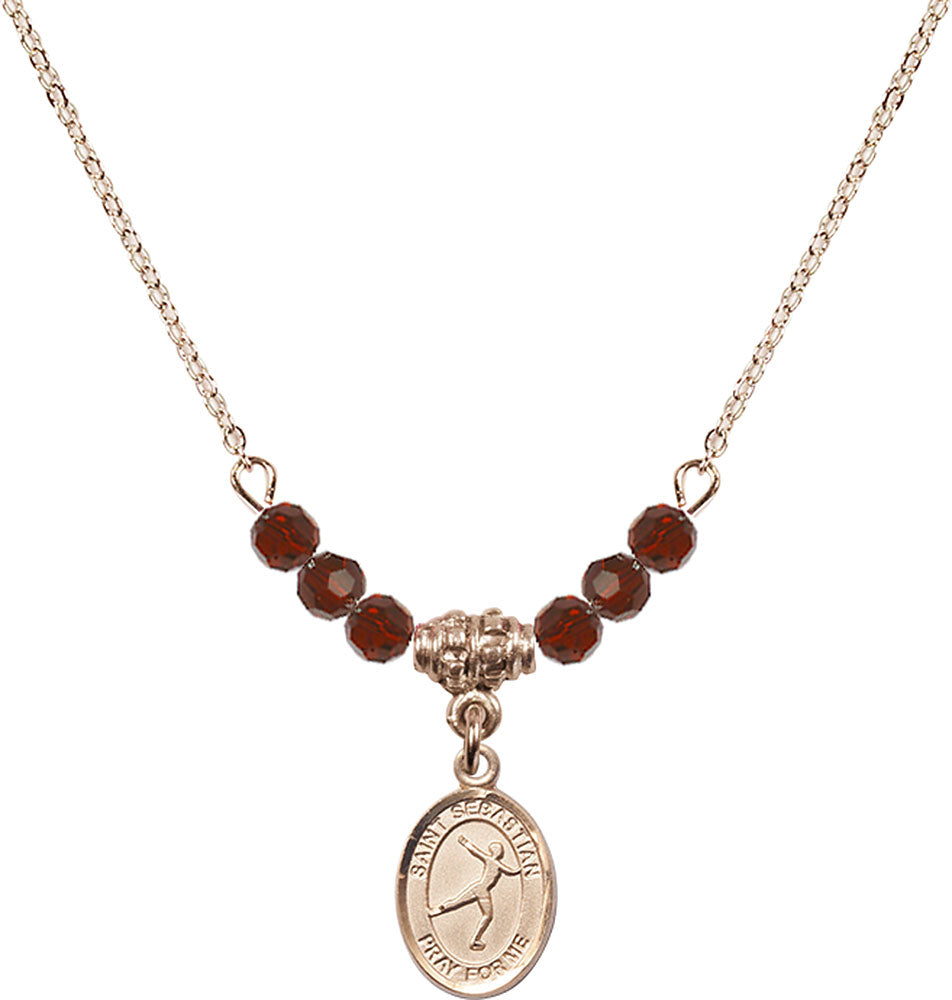 14kt Gold Filled Saint Sebastian/Figure Skating Birthstone Necklace with Garnet Beads - 9177