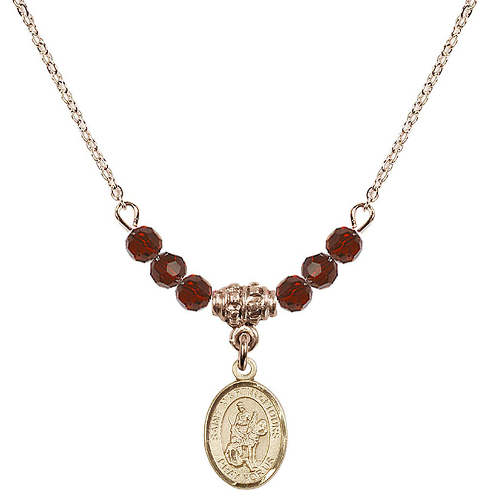 14kt Gold Filled Saint Martin of Tours Birthstone Necklace with Garnet Beads - 9200