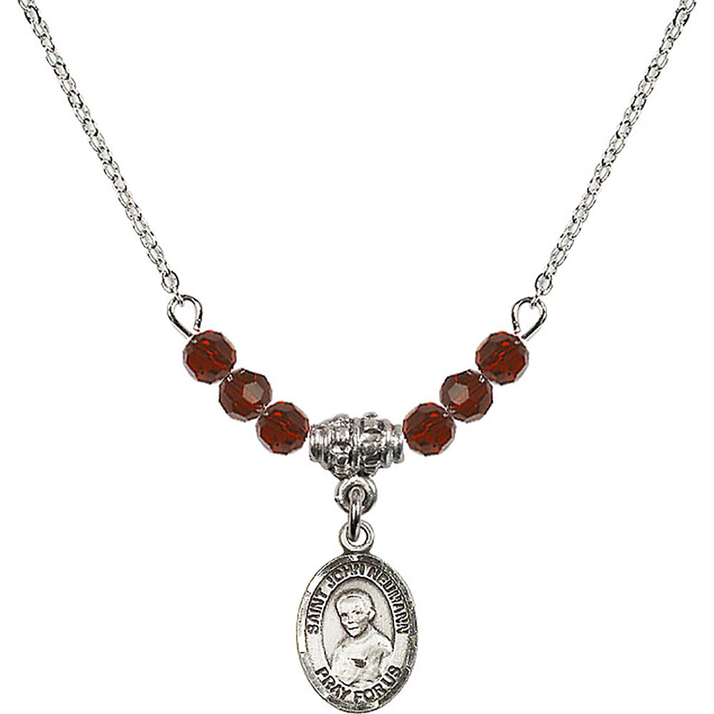 Sterling Silver Saint John Neumann Birthstone Necklace with Garnet Beads - 9204
