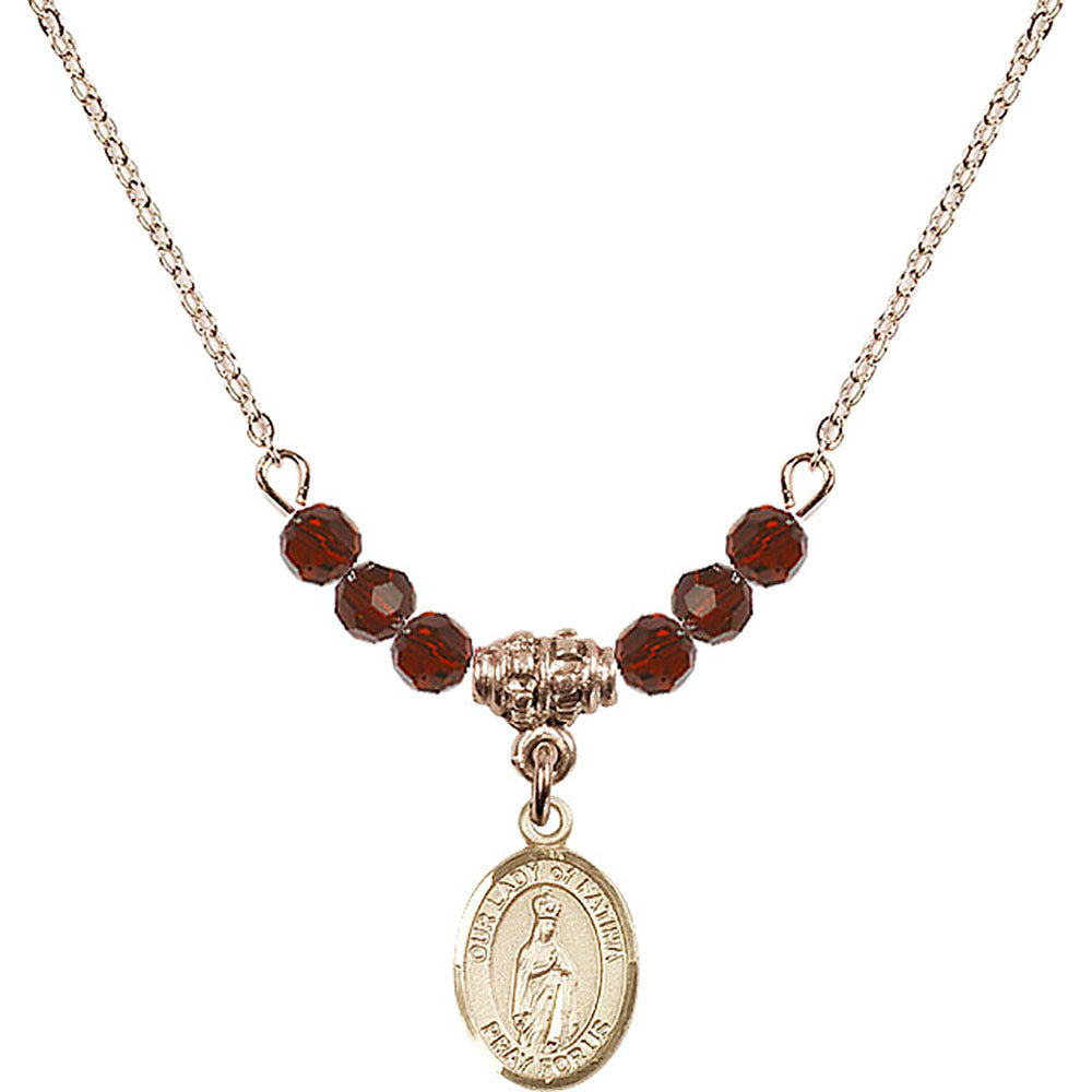 14kt Gold Filled Our Lady of Fatima Birthstone Necklace with Garnet Beads - 9205