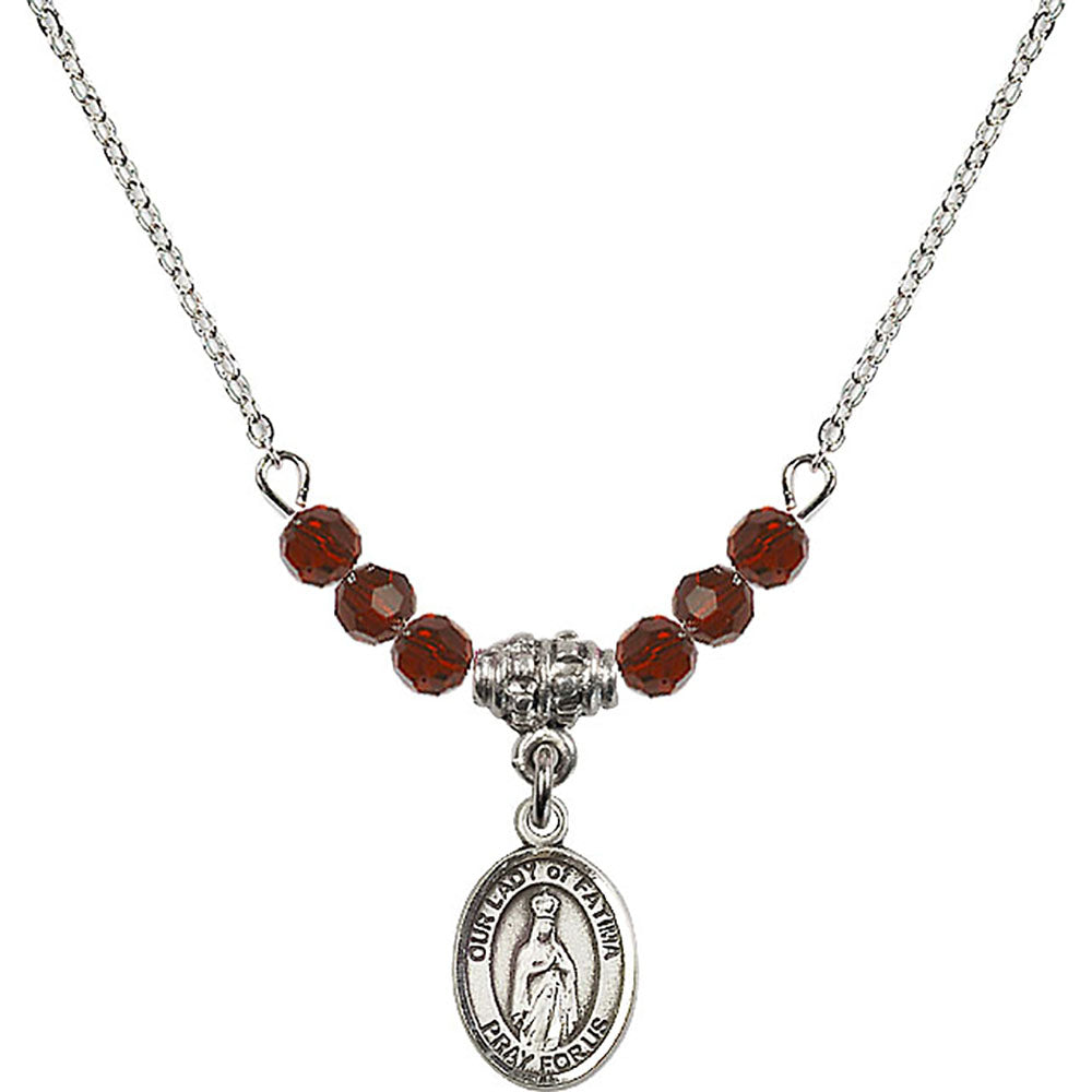 Sterling Silver Our Lady of Fatima Birthstone Necklace with Garnet Beads - 9205