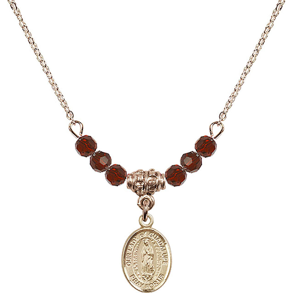 14kt Gold Filled Our Lady of Guadalupe Birthstone Necklace with Garnet Beads - 9206