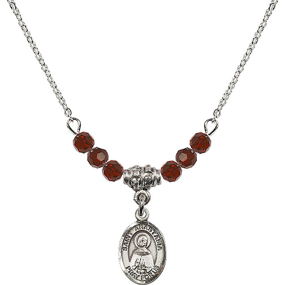 Sterling Silver Saint Anastasia Birthstone Necklace with Garnet Beads - 9213