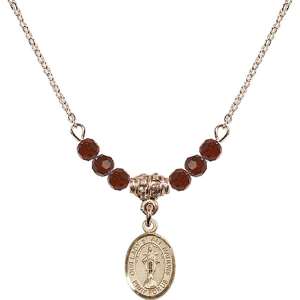 14kt Gold Filled Our Lady of All Nations Birthstone Necklace with Garnet Beads - 9242