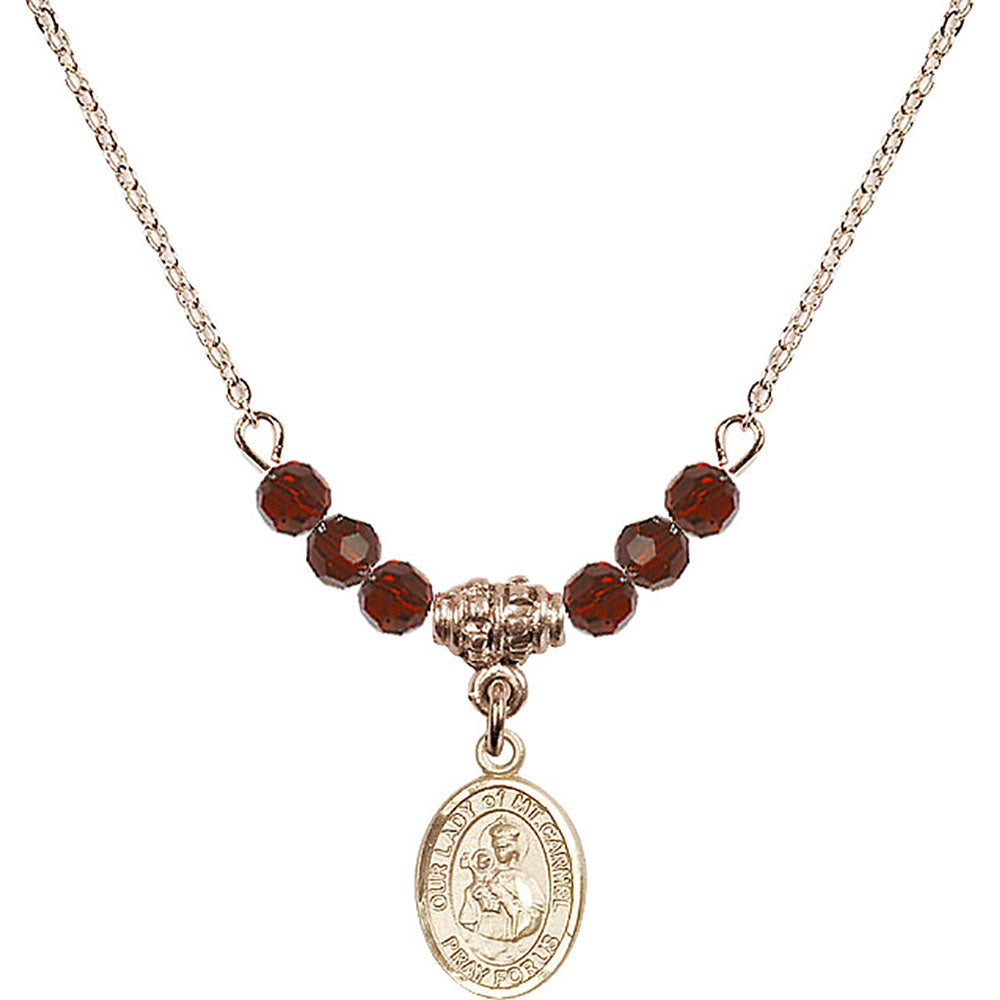 14kt Gold Filled Our Lady of Mount Carmel Birthstone Necklace with Garnet Beads - 9243