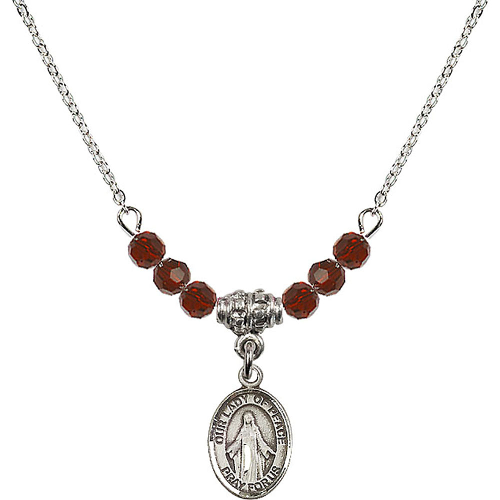 Sterling Silver Our Lady of Peace Birthstone Necklace with Garnet Beads - 9245