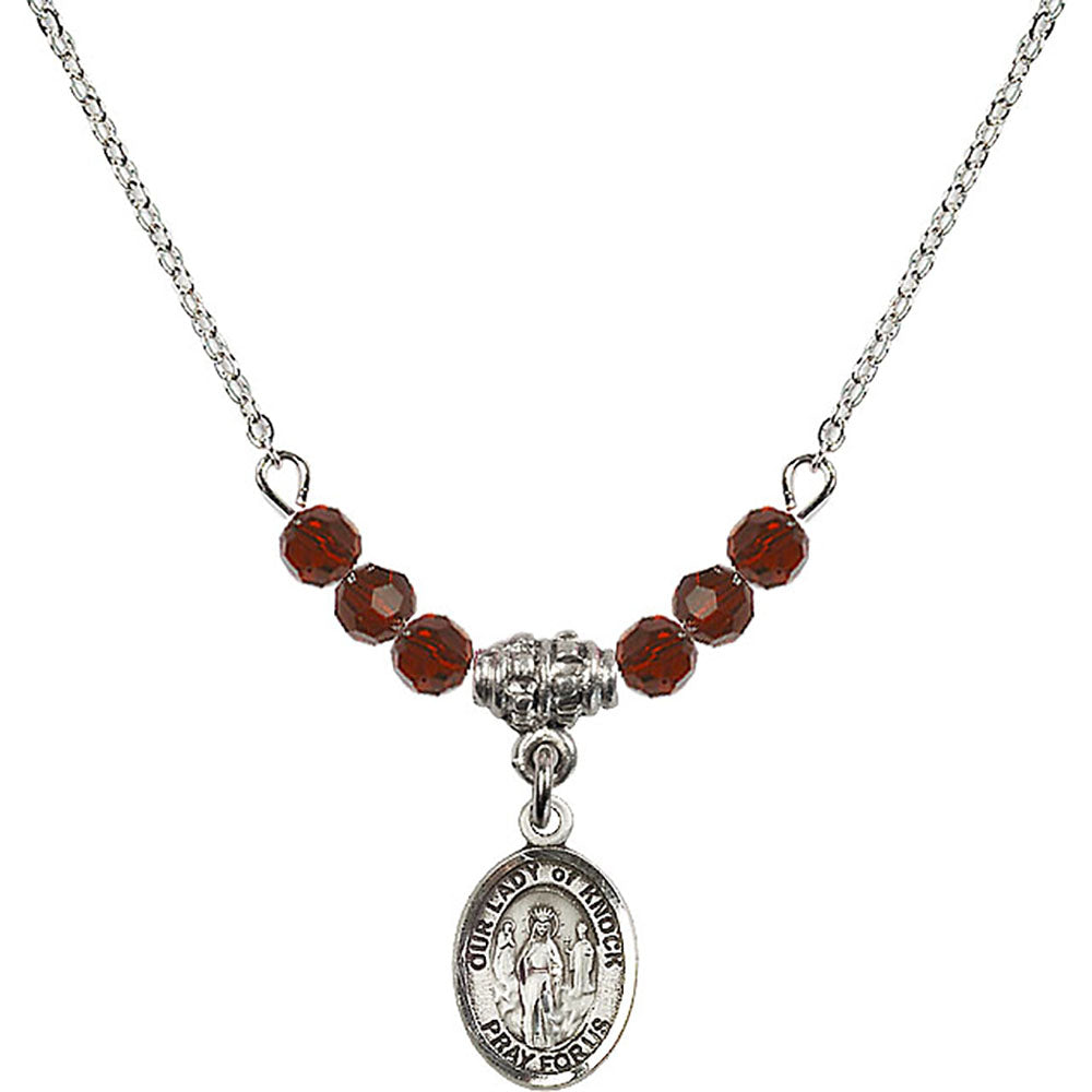 Sterling Silver Our Lady of Knock Birthstone Necklace with Garnet Beads - 9246