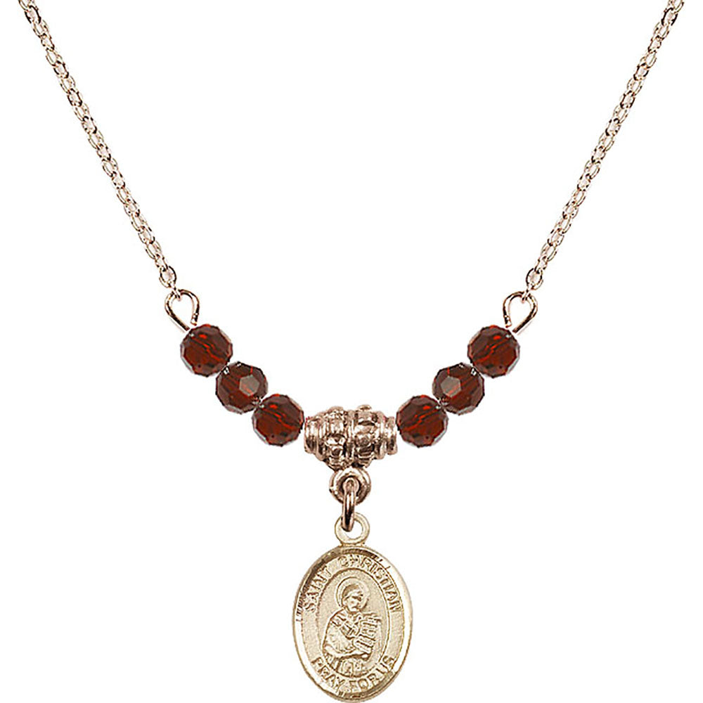14kt Gold Filled Saint Christian Demosthenes Birthstone Necklace with Garnet Beads - 9257