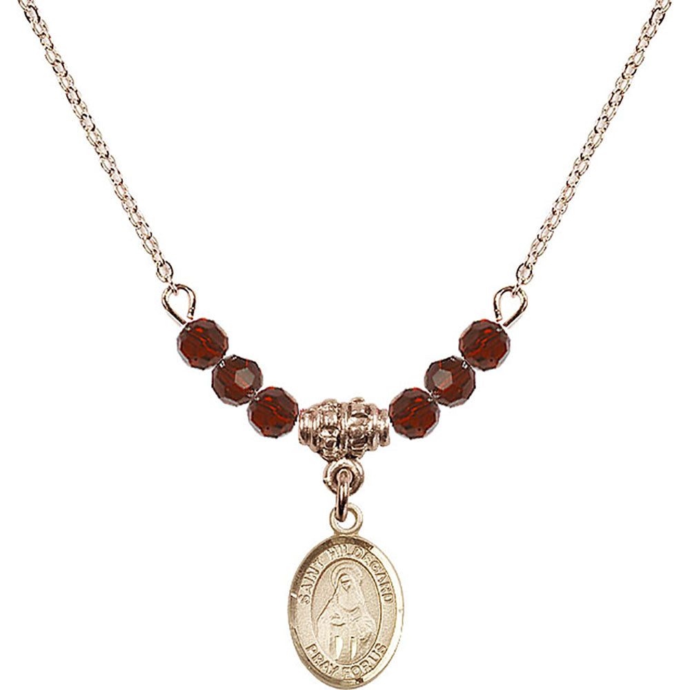 14kt Gold Filled Saint Hildegard von Bingen Birthstone Necklace with Garnet Beads - 9260