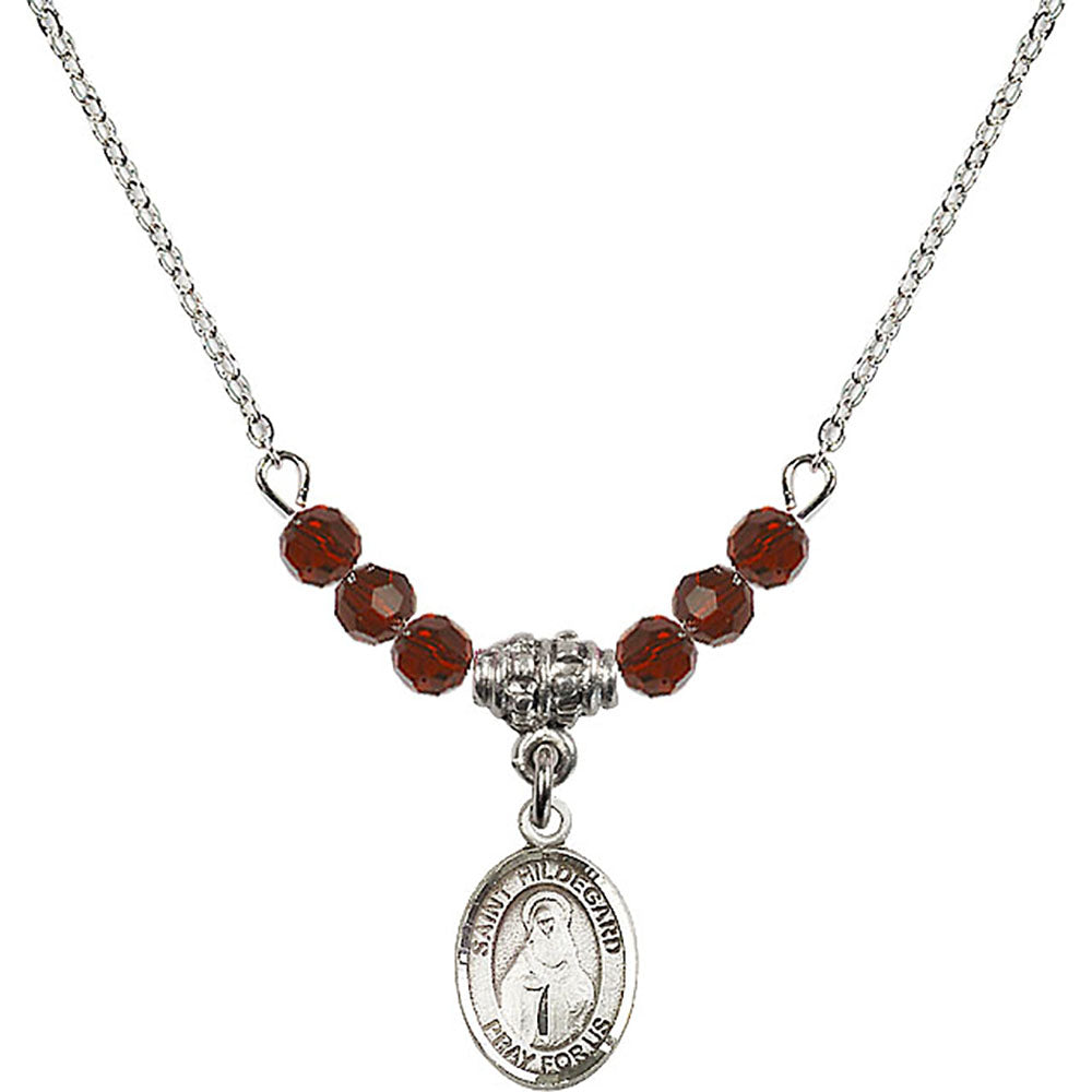 Sterling Silver Saint Hildegard von Bingen Birthstone Necklace with Garnet Beads - 9260
