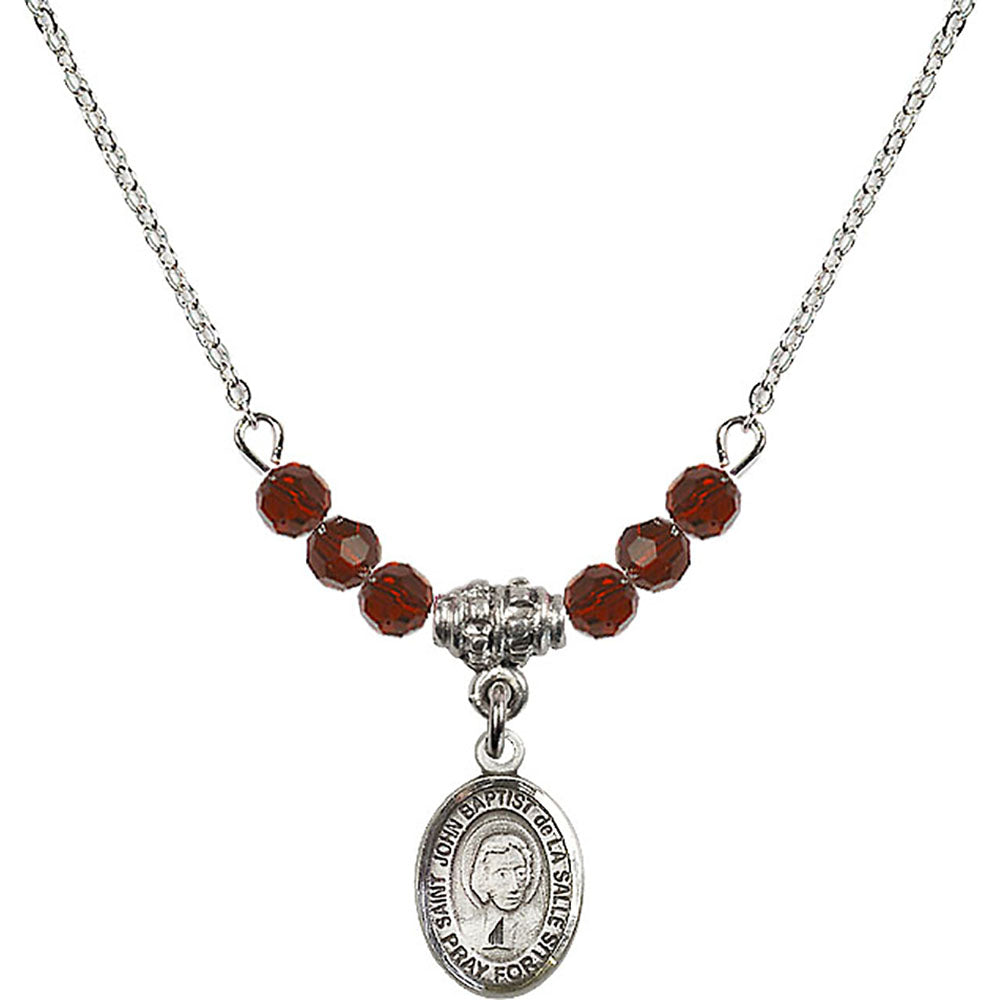 Sterling Silver Saint John Baptist de la Salle Birthstone Necklace with Garnet Beads - 9262