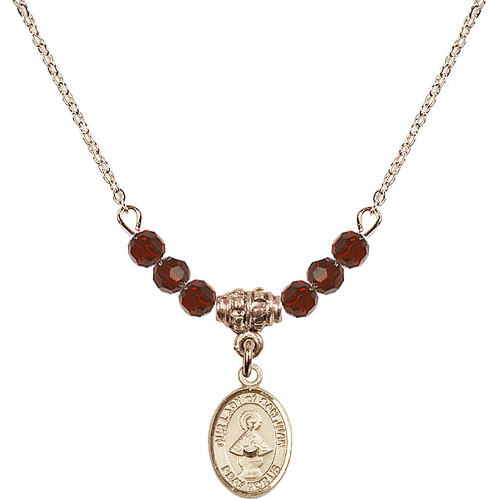 14kt Gold Filled Our Lady of San Juan Birthstone Necklace with Garnet Beads - 9263