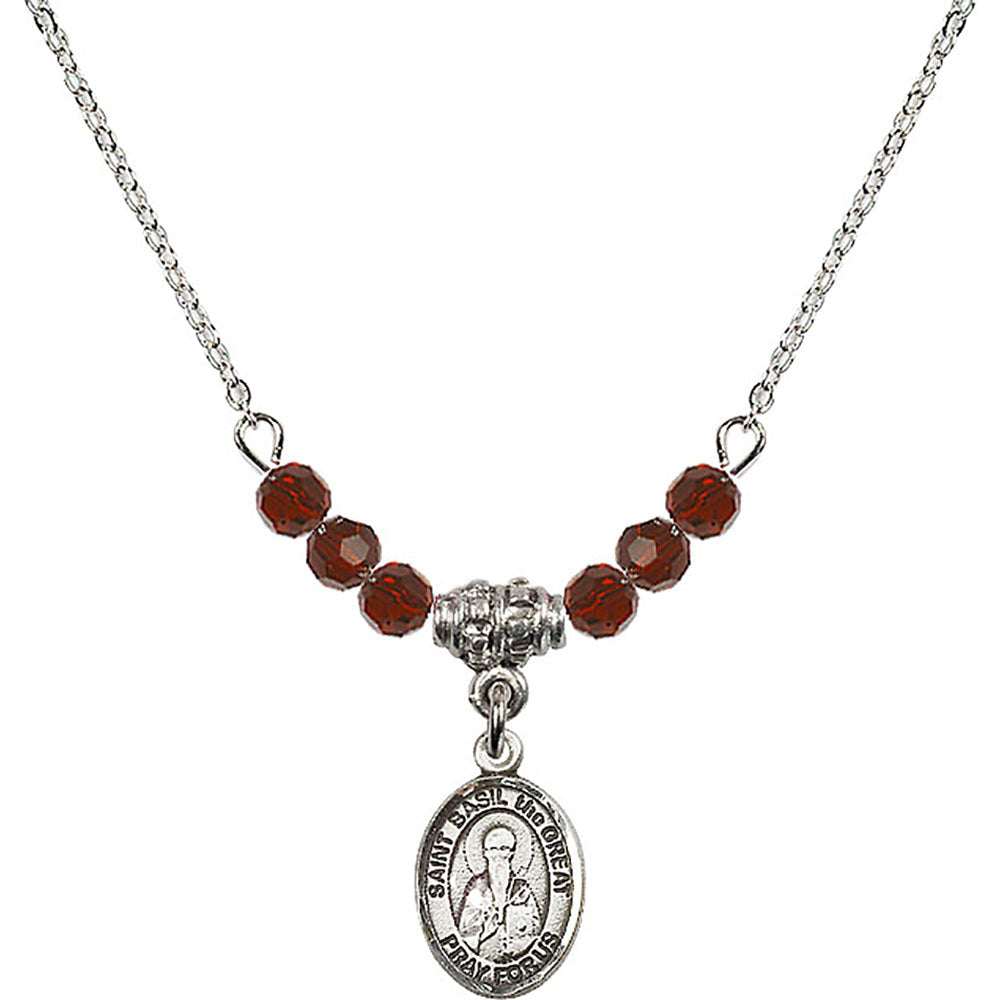 Sterling Silver Saint Basil the Great Birthstone Necklace with Garnet Beads - 9275