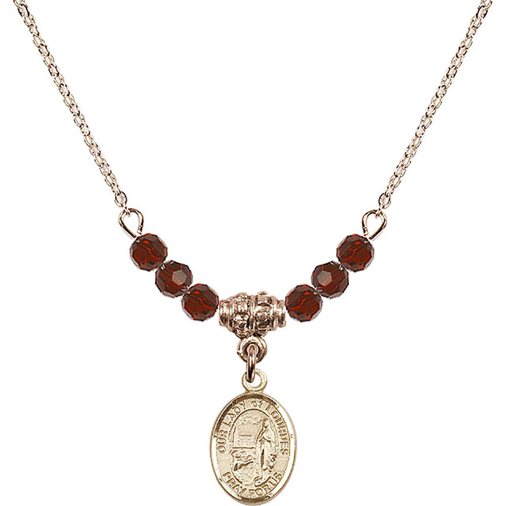 14kt Gold Filled Our Lady of Lourdes Birthstone Necklace with Garnet Beads - 9288