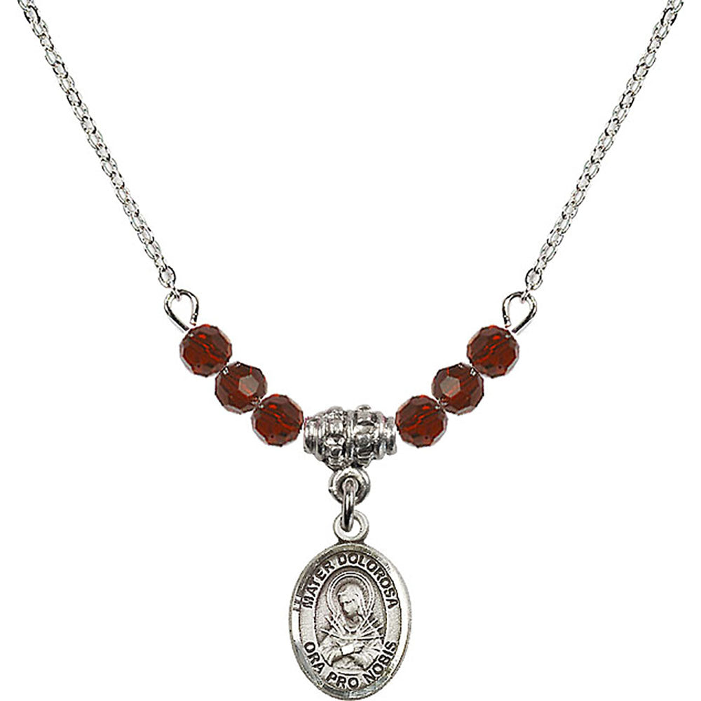 Sterling Silver Mater Dolorosa Birthstone Necklace with Garnet Beads - 9290