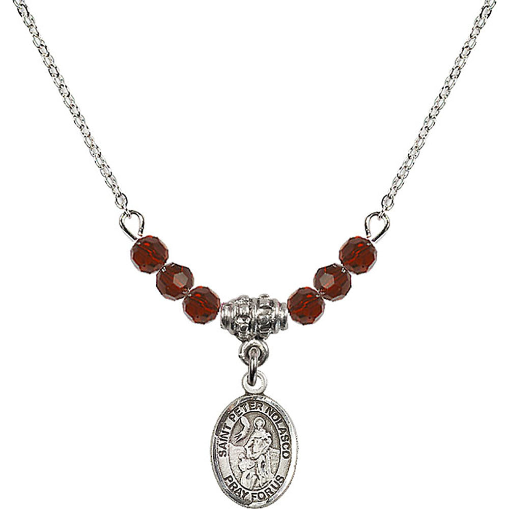 Sterling Silver Saint Peter Nolasco Birthstone Necklace with Garnet Beads - 9291