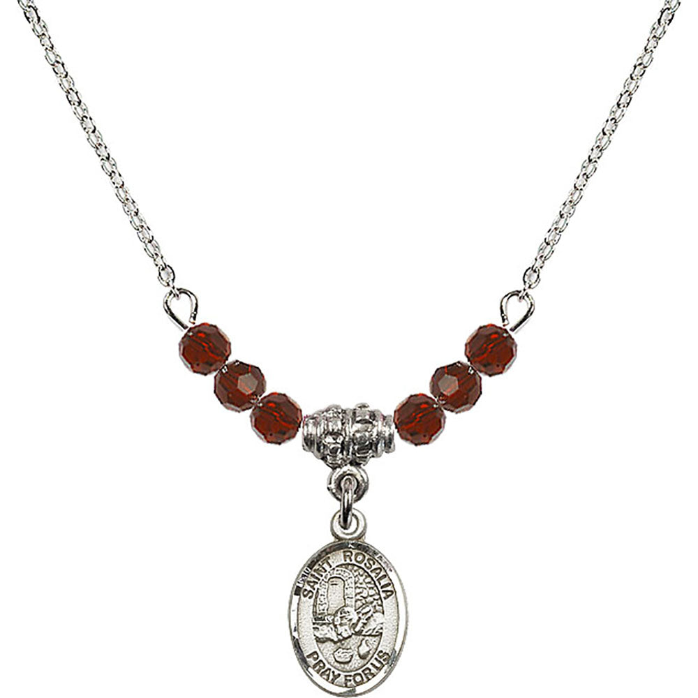 Sterling Silver Saint Rosalia Birthstone Necklace with Garnet Beads - 9309