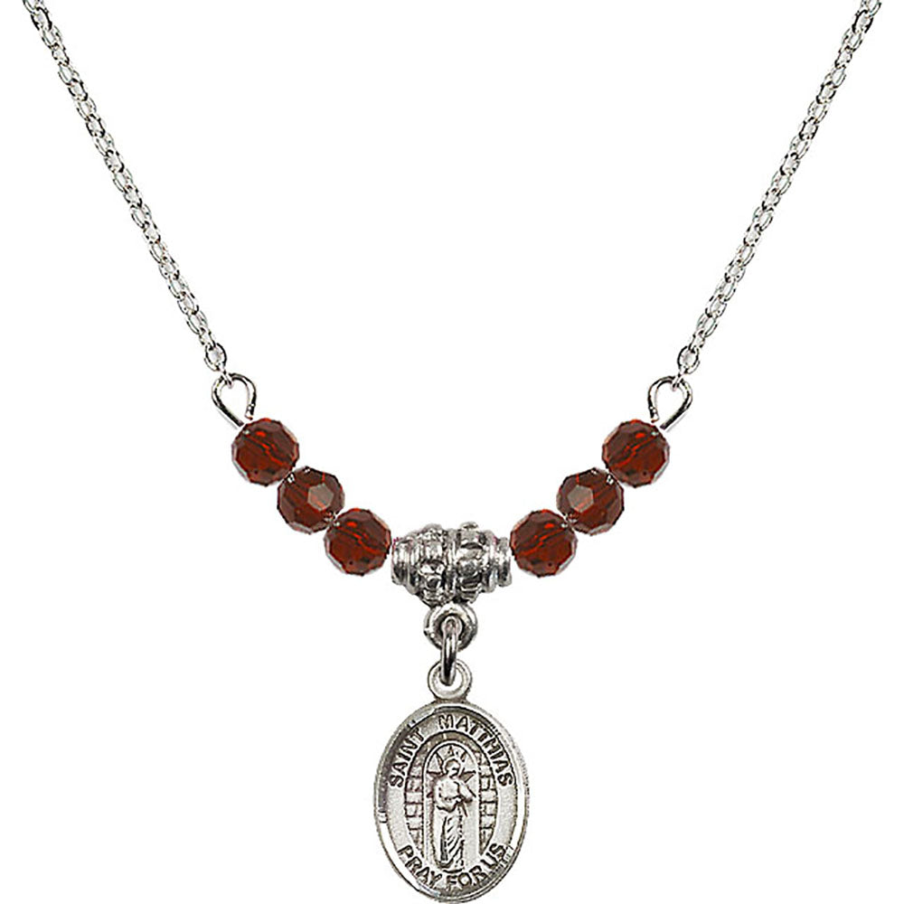 Sterling Silver Saint Matthias the Apostle Birthstone Necklace with Garnet Beads - 9331