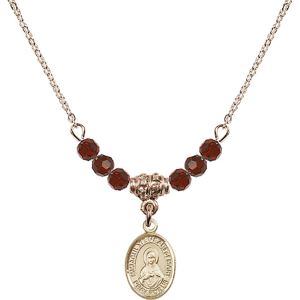 14kt Gold Filled Immaculate Heart of Mary Birthstone Necklace with Garnet Beads - 9337