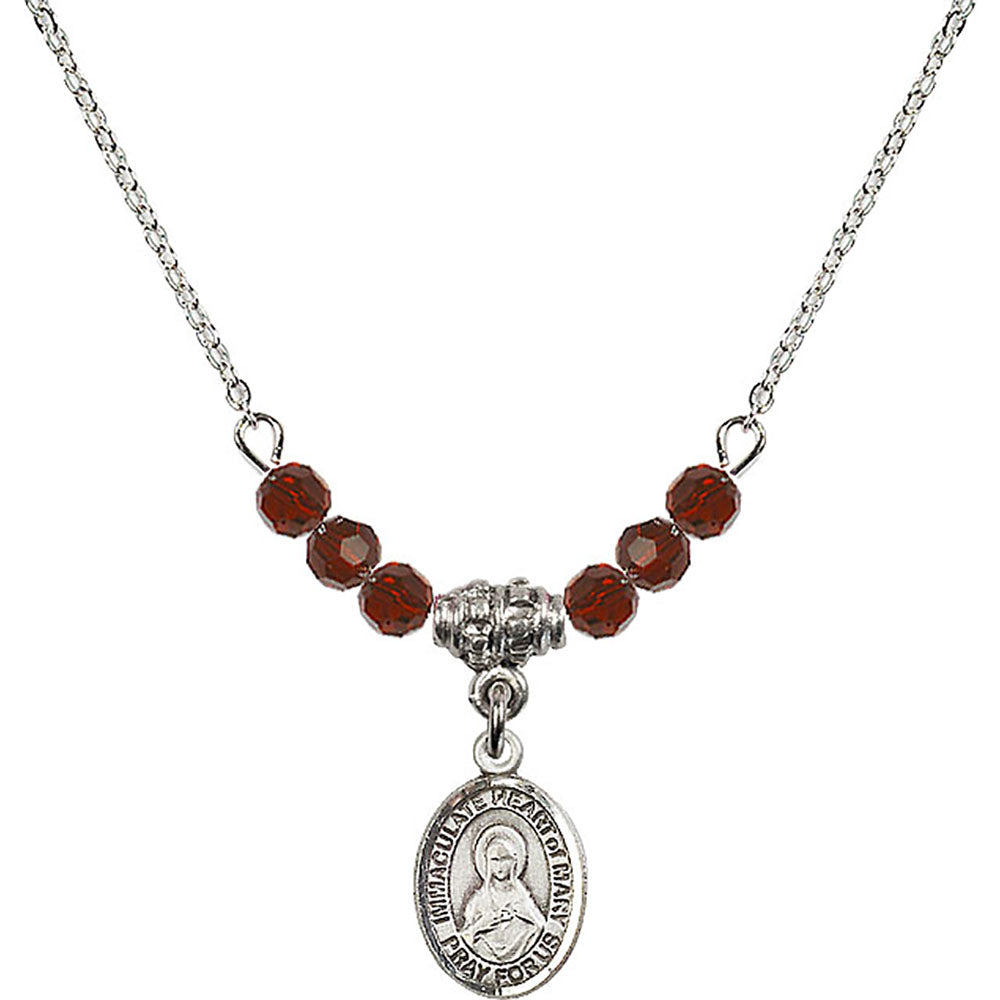 Sterling Silver Immaculate Heart of Mary Birthstone Necklace with Garnet Beads - 9337