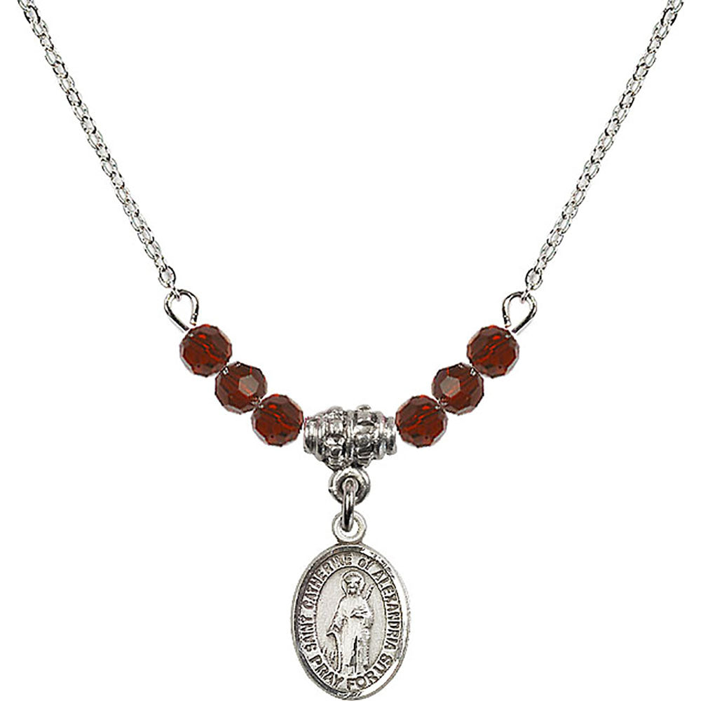 Sterling Silver Saint Catherine of Alexandria Birthstone Necklace with Garnet Beads - 9343