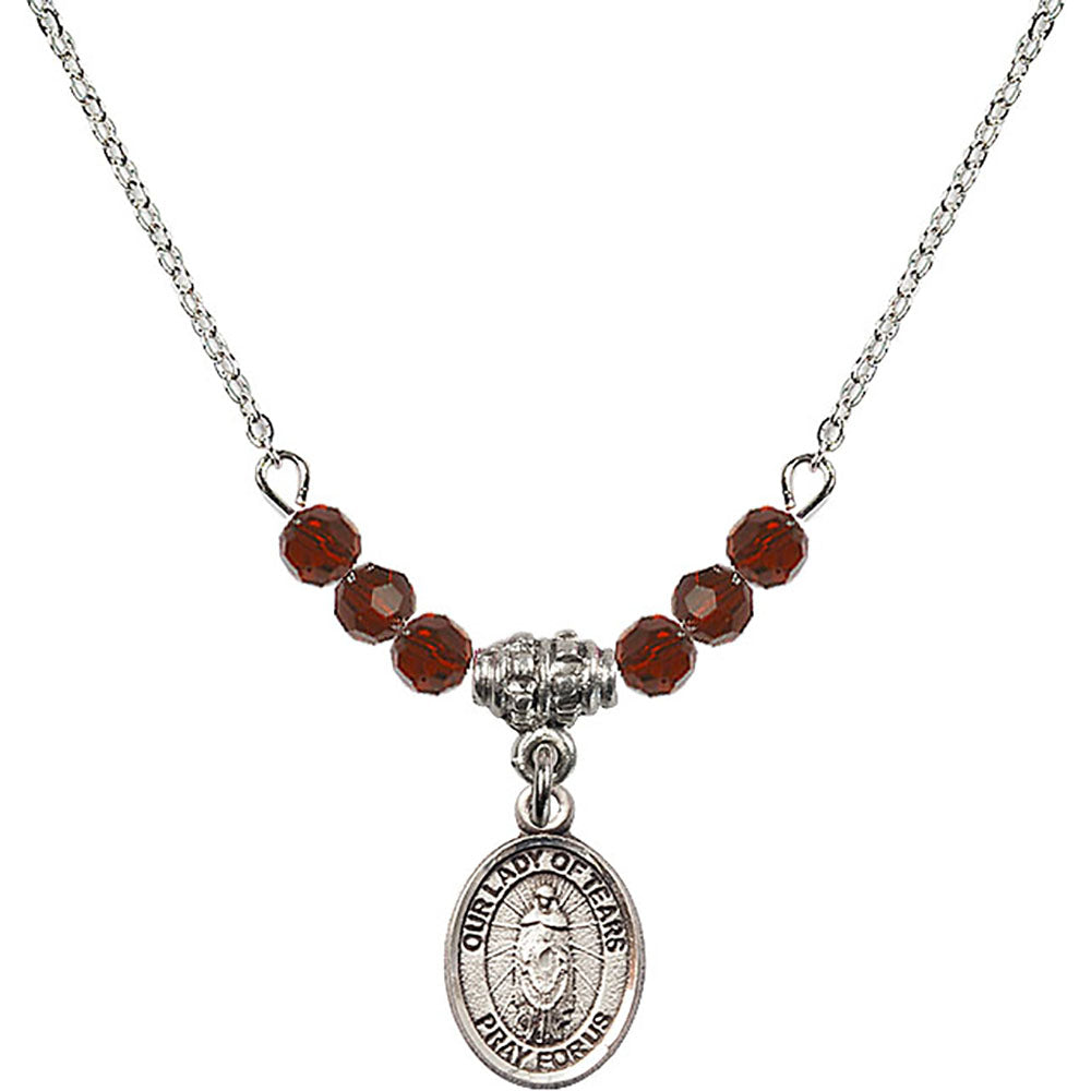 Sterling Silver Our Lady of Tears Birthstone Necklace with Garnet Beads - 9346