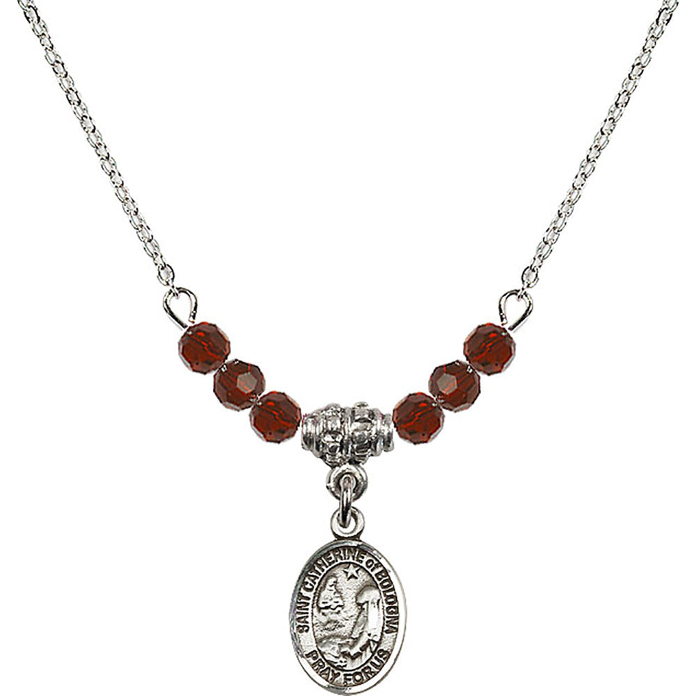 Sterling Silver Saint Catherine of Bologna Birthstone Necklace with Garnet Beads - 9354