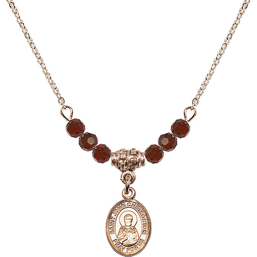 14kt Gold Filled Saint John Chrysostom Birthstone Necklace with Garnet Beads - 9357
