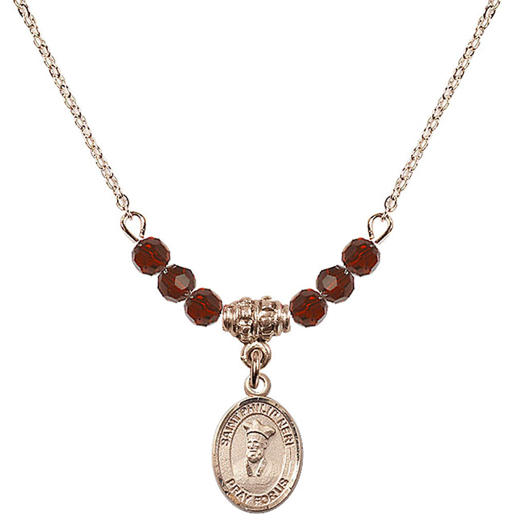 14kt Gold Filled Saint Philip Neri Birthstone Necklace with Garnet Beads - 9369