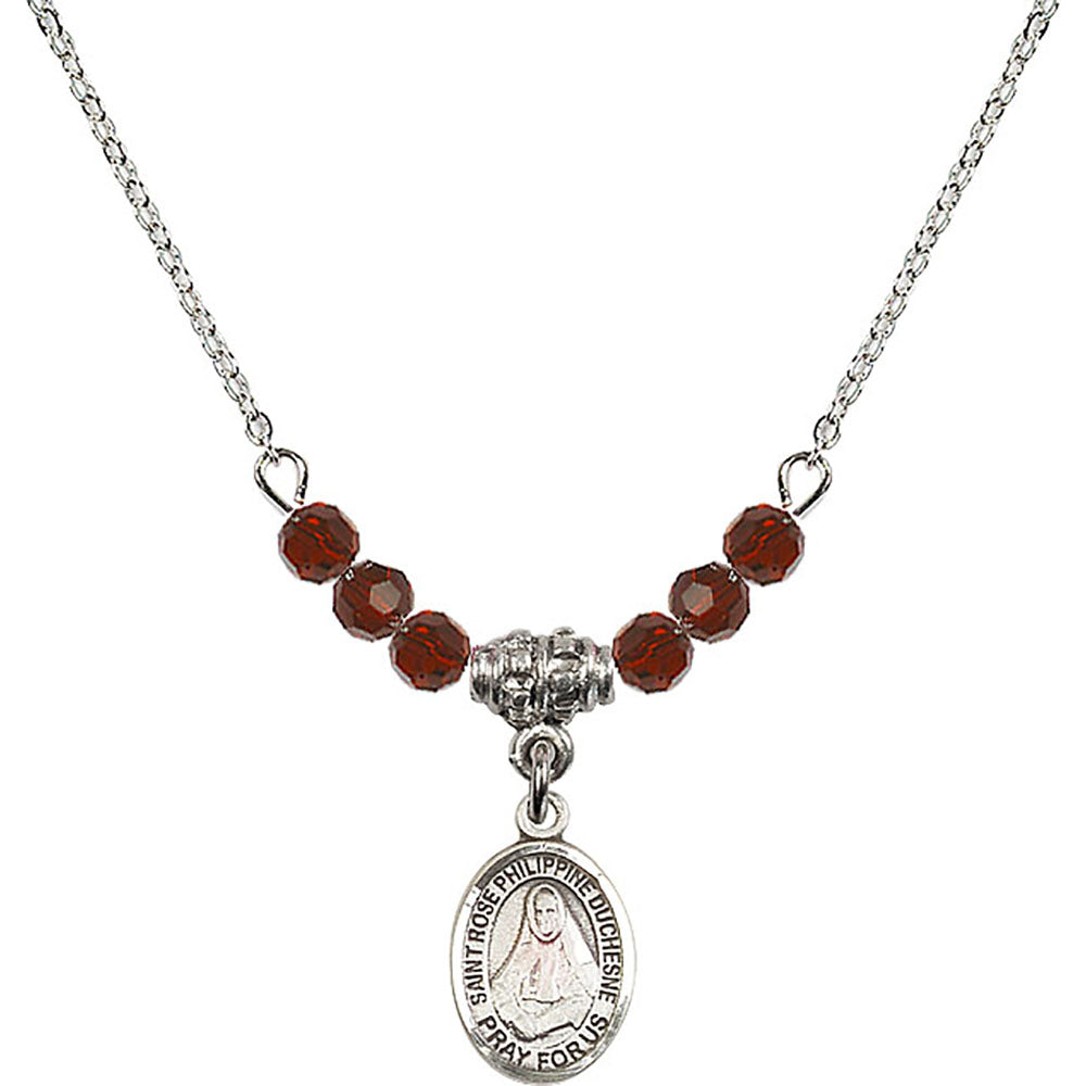 Sterling Silver Saint Rose Philippine Duchesne Birthstone Necklace with Garnet Beads - 9371