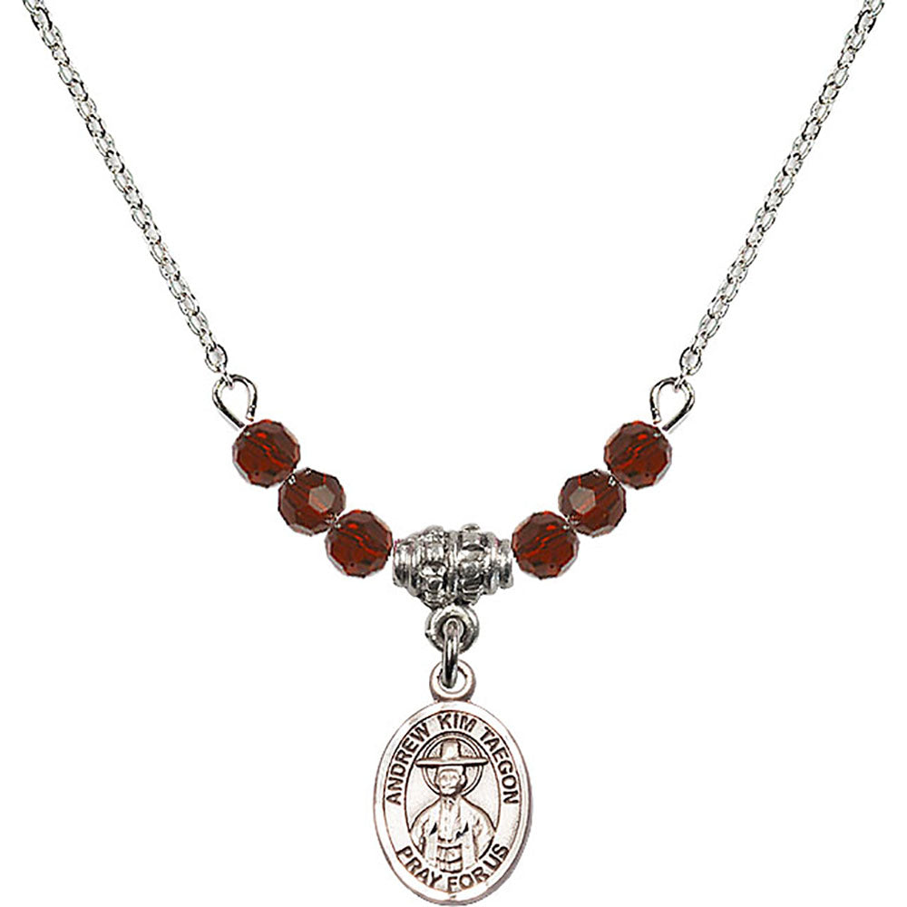Sterling Silver Saint Andrew Kim Taegon Birthstone Necklace with Garnet Beads - 9373