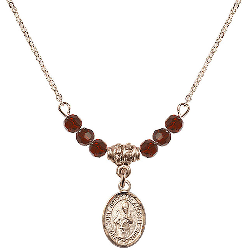 14kt Gold Filled Saint Simon the Apostle Birthstone Necklace with Garnet Beads - 9375