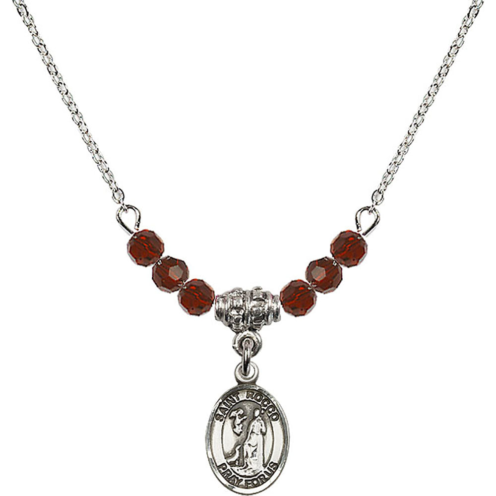 Sterling Silver Saint Rocco Birthstone Necklace with Garnet Beads - 9377