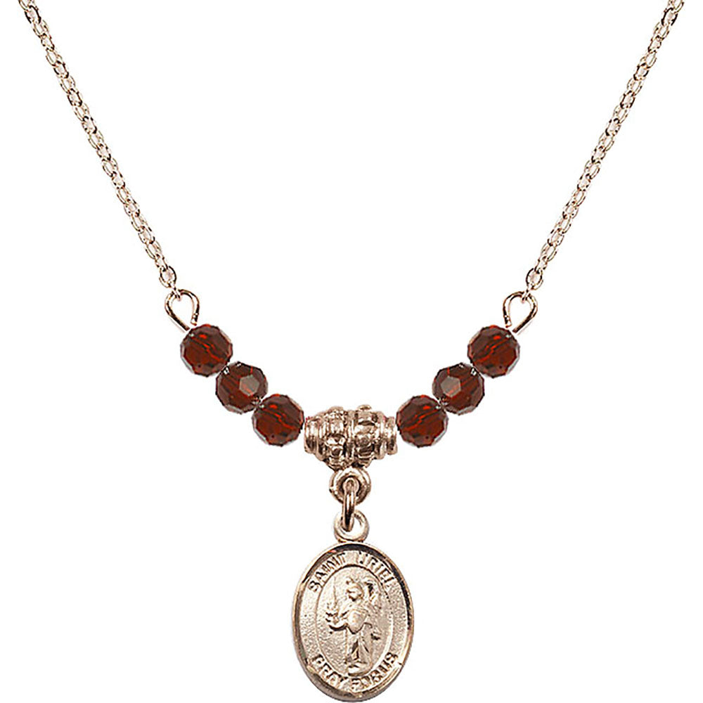 14kt Gold Filled Saint Uriel the Archangel Birthstone Necklace with Garnet Beads - 9378