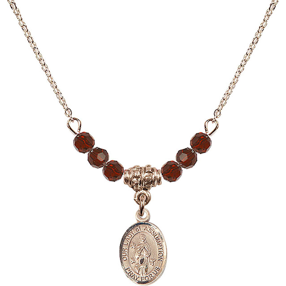 14kt Gold Filled Our Lady of Assumption Birthstone Necklace with Garnet Beads - 9388