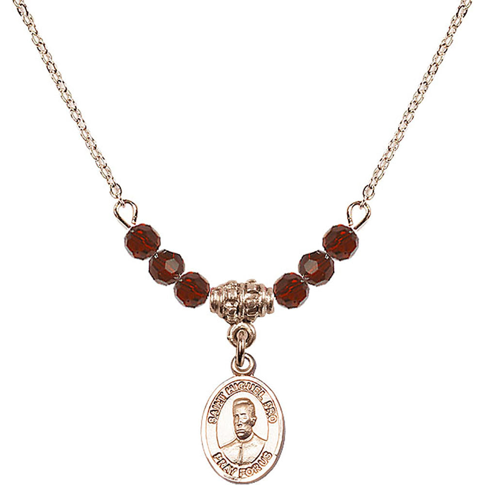 14kt Gold Filled Blessed Miguel Pro Birthstone Necklace with Garnet Beads - 9389