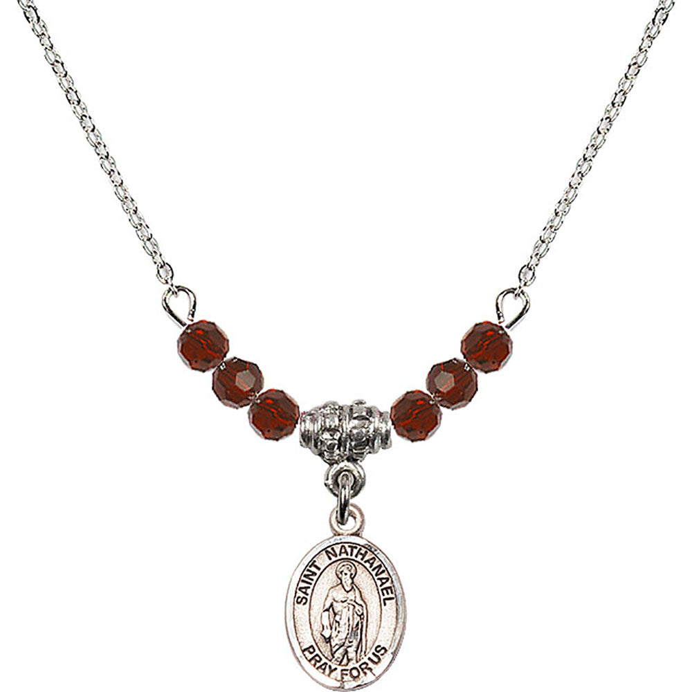 Sterling Silver Saint Nathanael Birthstone Necklace with Garnet Beads - 9398